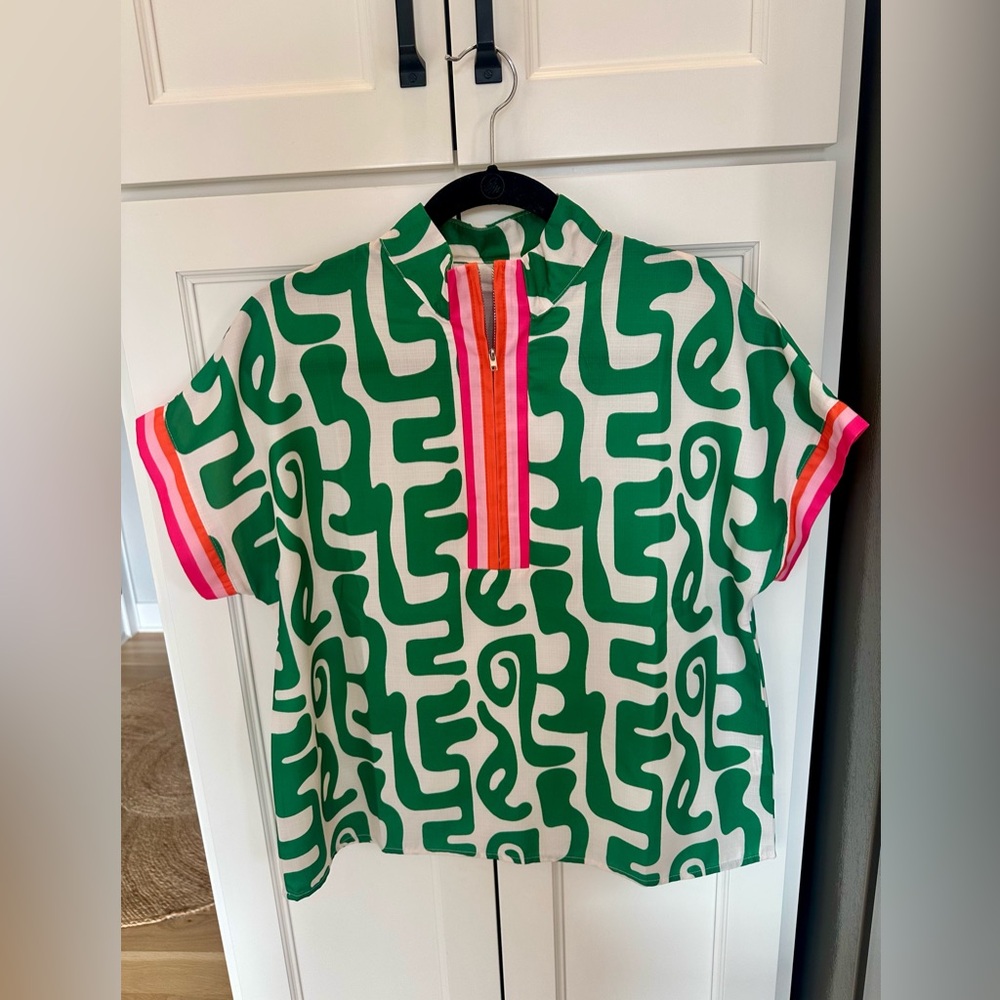 Boutique Green and White Patterned Top with Pink Accents